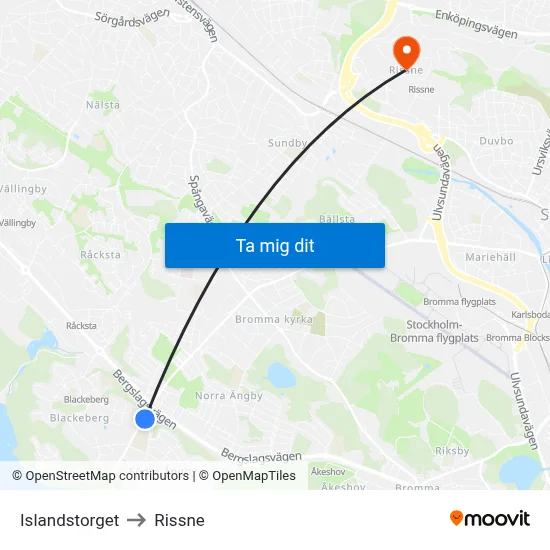 Islandstorget to Rissne map
