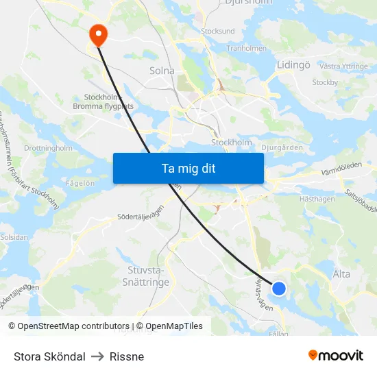 Stora Sköndal to Rissne map