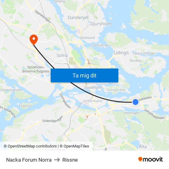 Nacka Forum Norra to Rissne map