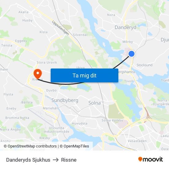 Danderyds Sjukhus to Rissne map