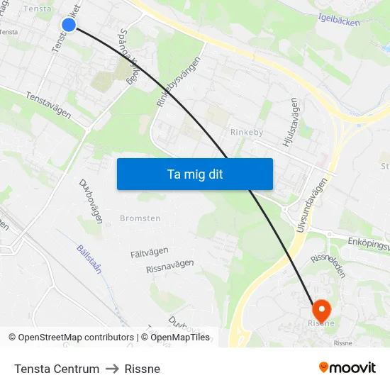 Tensta Centrum to Rissne map