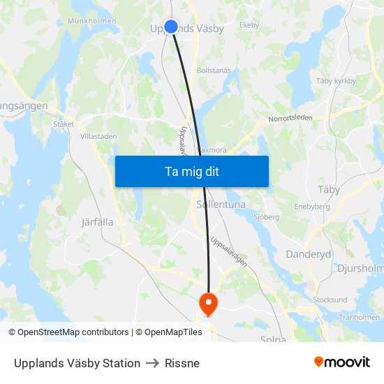 Upplands Väsby Station to Rissne map