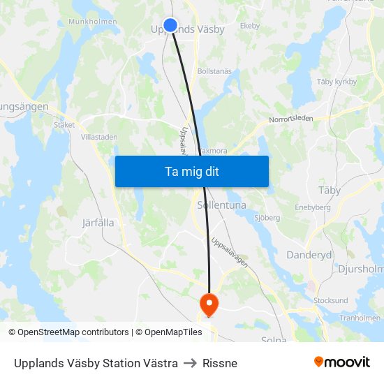 Upplands Väsby Station Västra to Rissne map