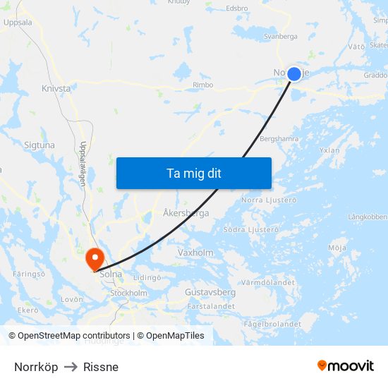 Norrköp to Rissne map