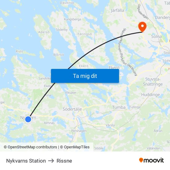 Nykvarns Station to Rissne map