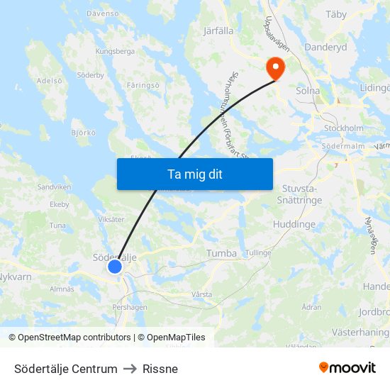 Södertälje Centrum to Rissne map