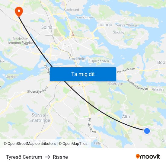 Tyresö Centrum to Rissne map