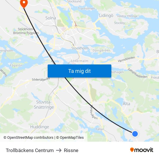 Trollbäckens Centrum to Rissne map