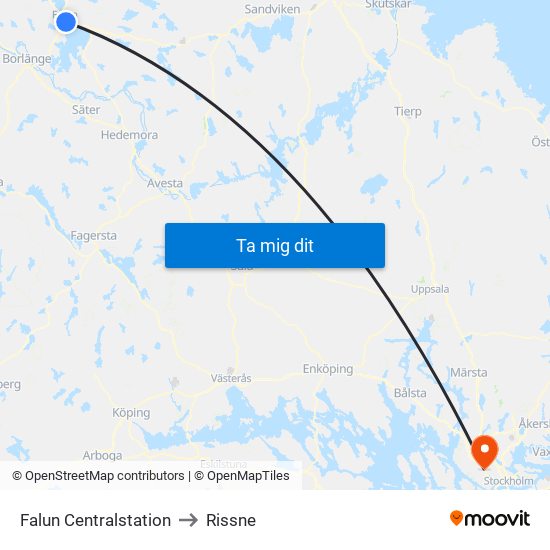 Falun Centralstation to Rissne map