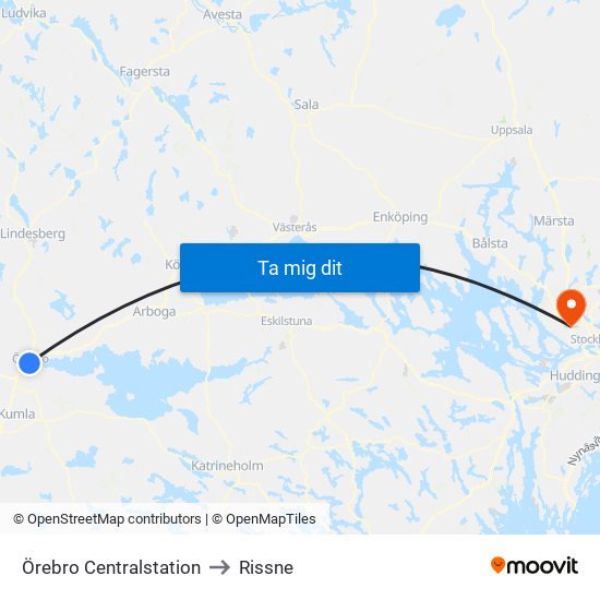 Örebro Centralstation to Rissne map