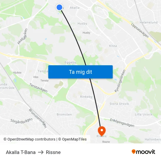 Akalla T-Bana to Rissne map