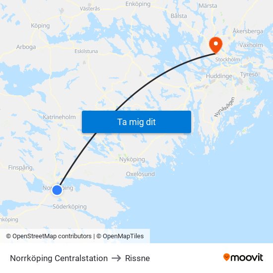 Norrköping Centralstation to Rissne map