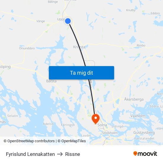 Fyrislund Lennakatten to Rissne map