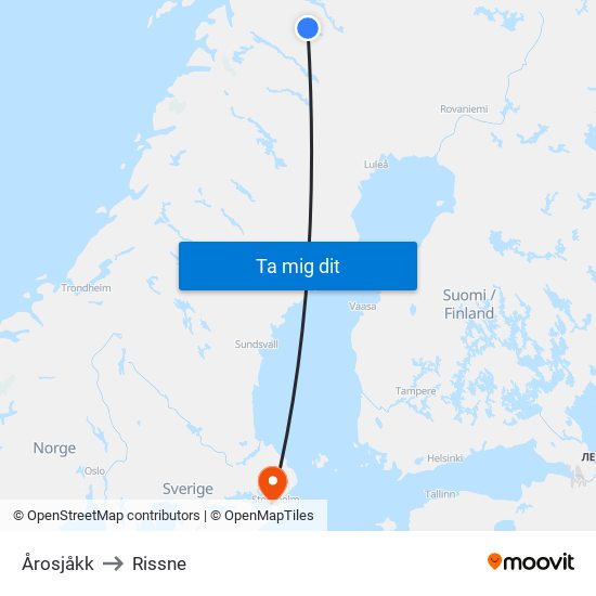 Årosjåkk to Rissne map