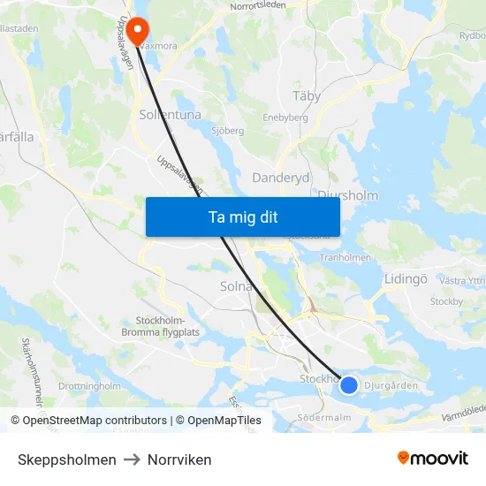 Skeppsholmen to Norrviken map