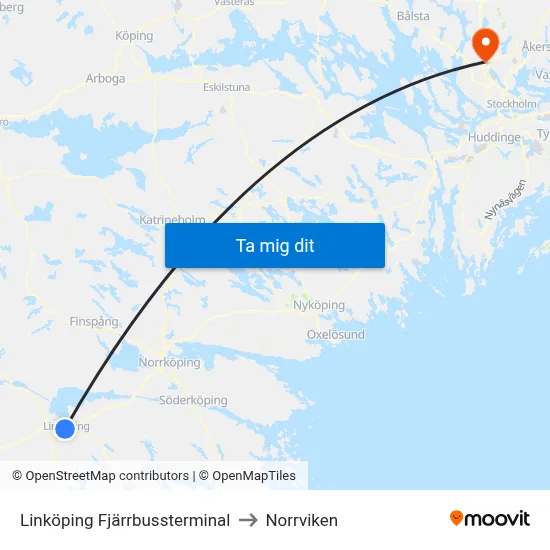 Linköping Fjärrbussterminal to Norrviken map