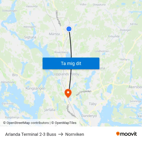 Arlanda Terminal 2-3 Buss to Norrviken map