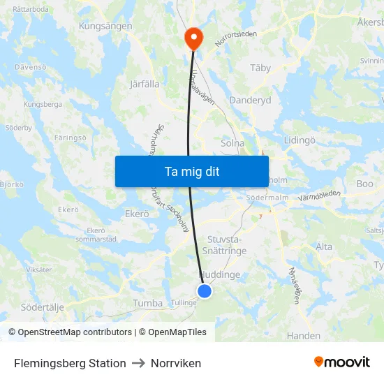 Flemingsberg Station to Norrviken map