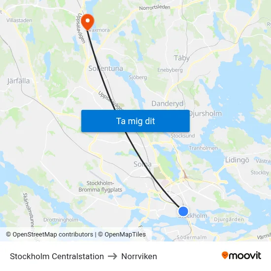 Stockholm Centralstation to Norrviken map