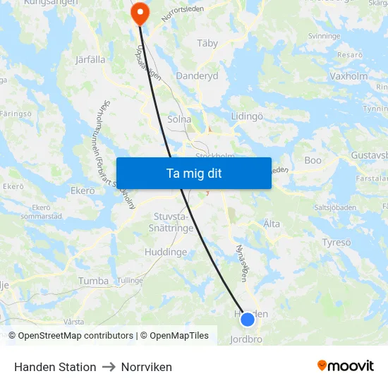 Handen Station to Norrviken map