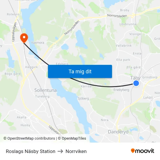 Roslags Näsby Station to Norrviken map