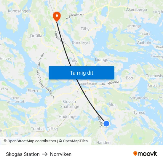 Skogås Station to Norrviken map