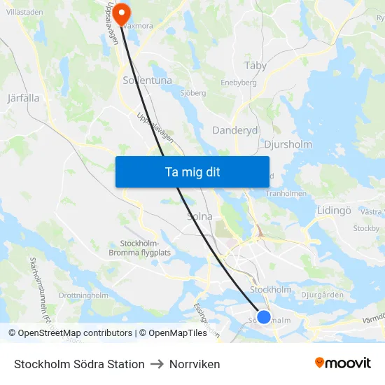 Stockholm Södra Station to Norrviken map