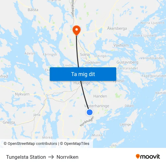 Tungelsta Station to Norrviken map