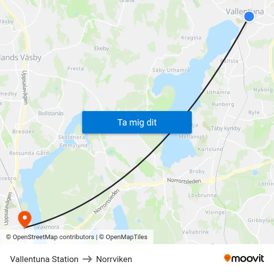 Vallentuna Station to Norrviken map