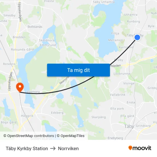 Täby Kyrkby Station to Norrviken map
