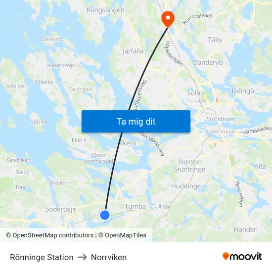 Rönninge Station to Norrviken map
