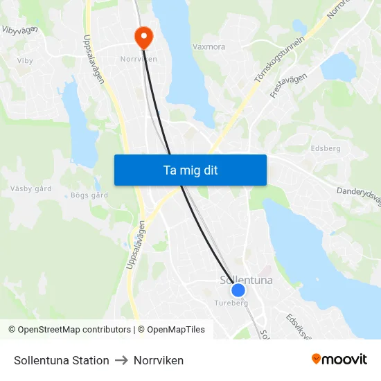 Sollentuna Station to Norrviken map