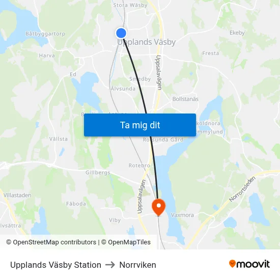 Upplands Väsby Station to Norrviken map