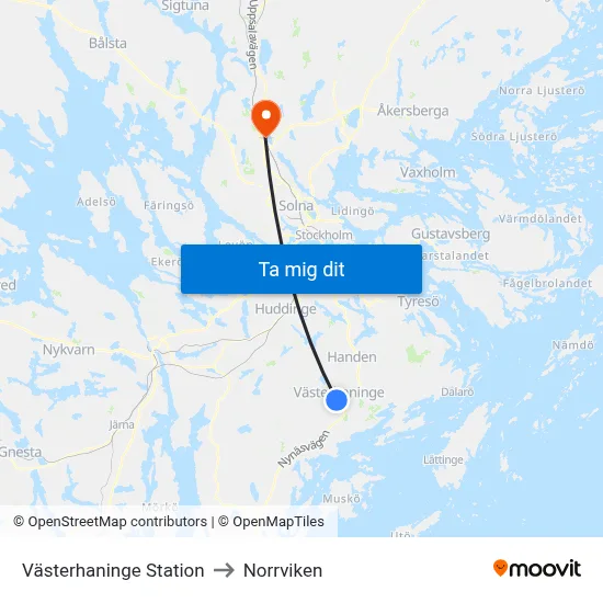 Västerhaninge Station to Norrviken map