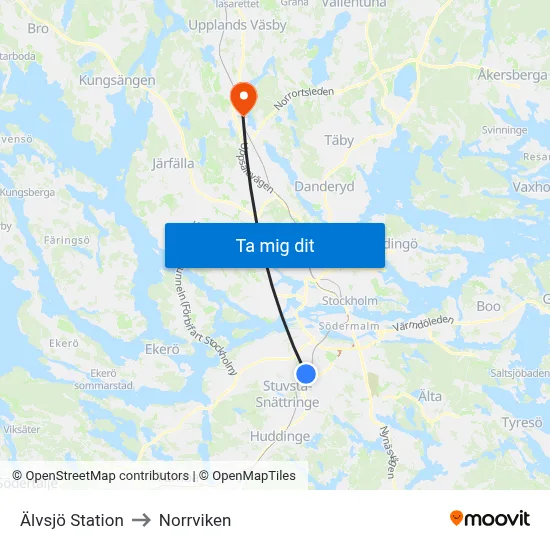 Älvsjö Station to Norrviken map