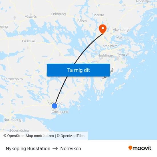 Nyköping Busstation to Norrviken map