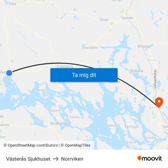 Västerås Sjukhuset to Norrviken map