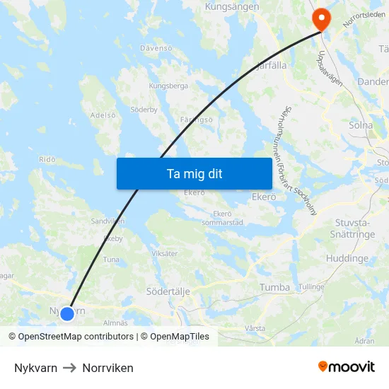Nykvarn to Norrviken map