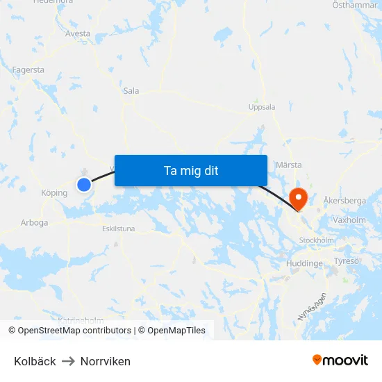 Kolbäck to Norrviken map