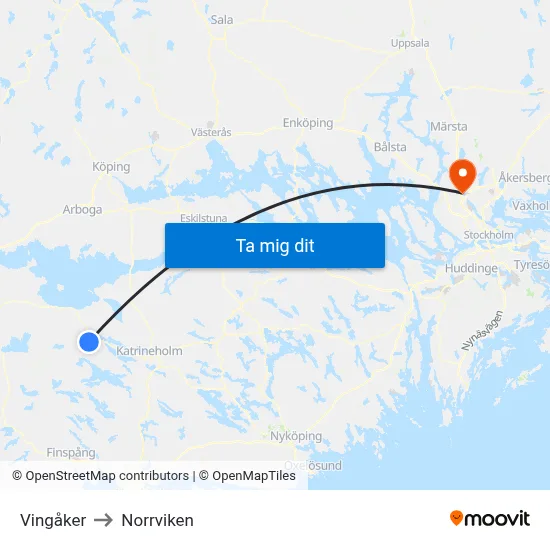 Vingåker to Norrviken map