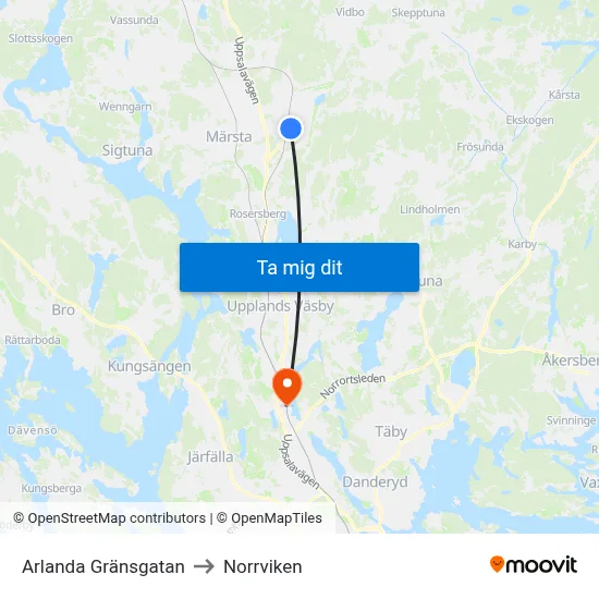 Arlanda Gränsgatan to Norrviken map