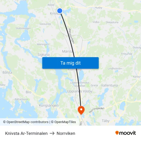 Knivsta Ar-Terminalen to Norrviken map
