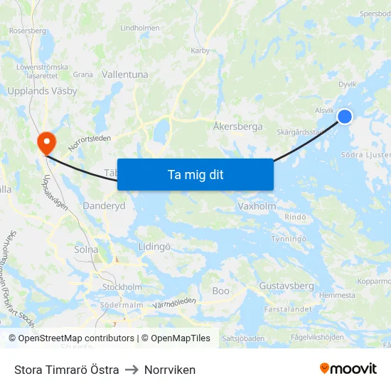 Stora Timrarö Östra to Norrviken map