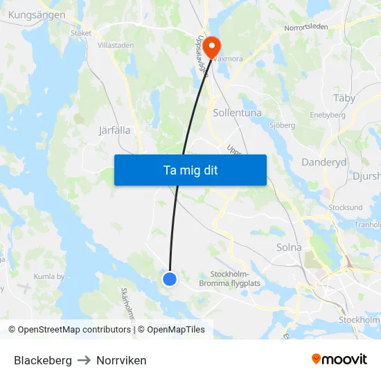 Blackeberg to Norrviken map