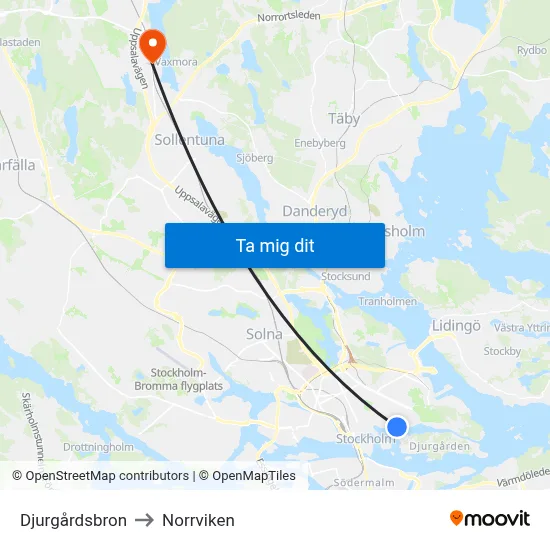 Djurgårdsbron to Norrviken map
