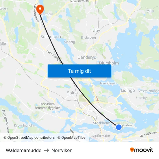 Waldemarsudde to Norrviken map