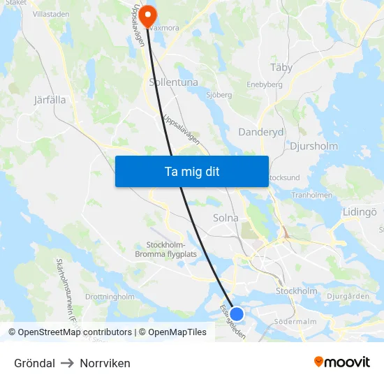 Gröndal to Norrviken map