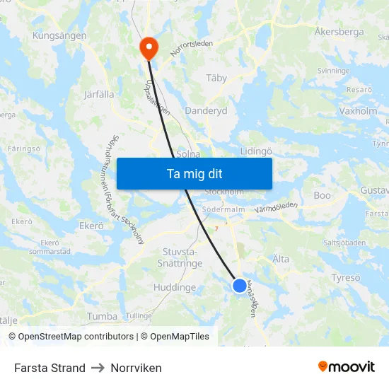 Farsta Strand to Norrviken map