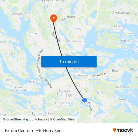 Farsta Centrum to Norrviken map
