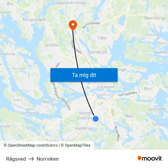 Rågsved to Norrviken map